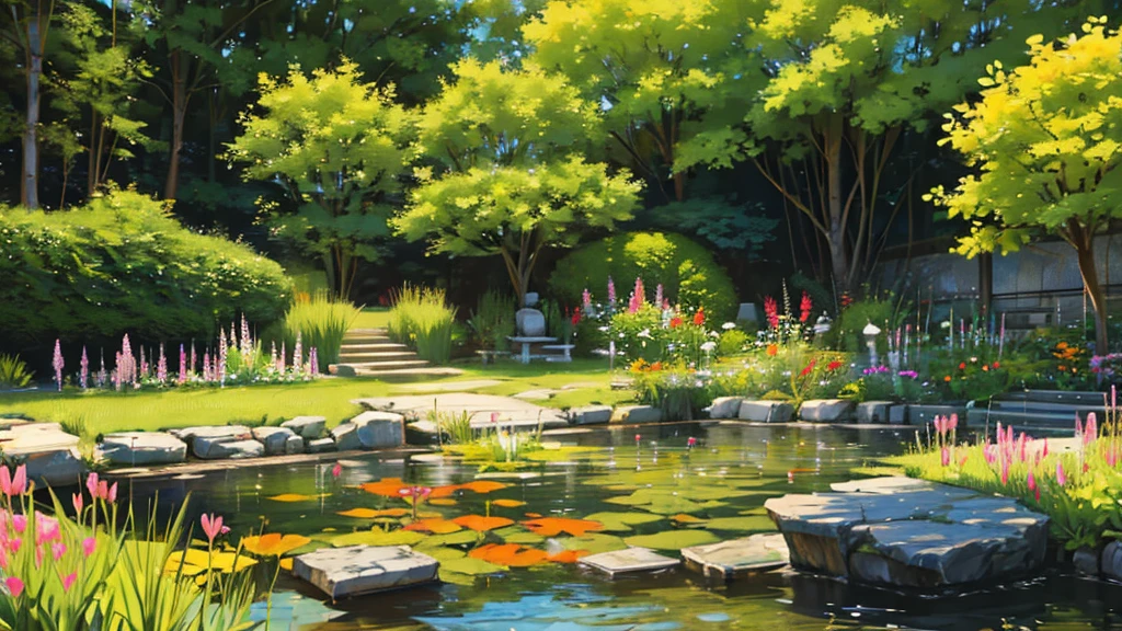 luxirous calm garden, witth a pound with small japanese fishs