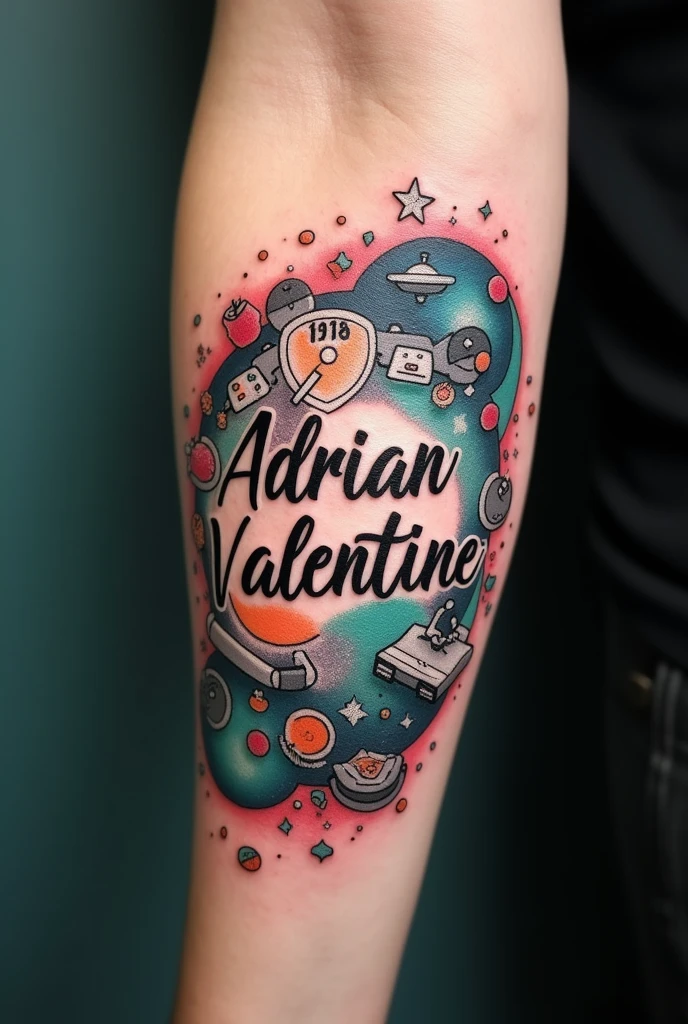 I want an idea for a tattoo on my forearm with my son's name "Adrian Valentine" and date of birth and time 16/08/2024 10:48 I want a nerd tattoo, and with few images, and male I want with less pink