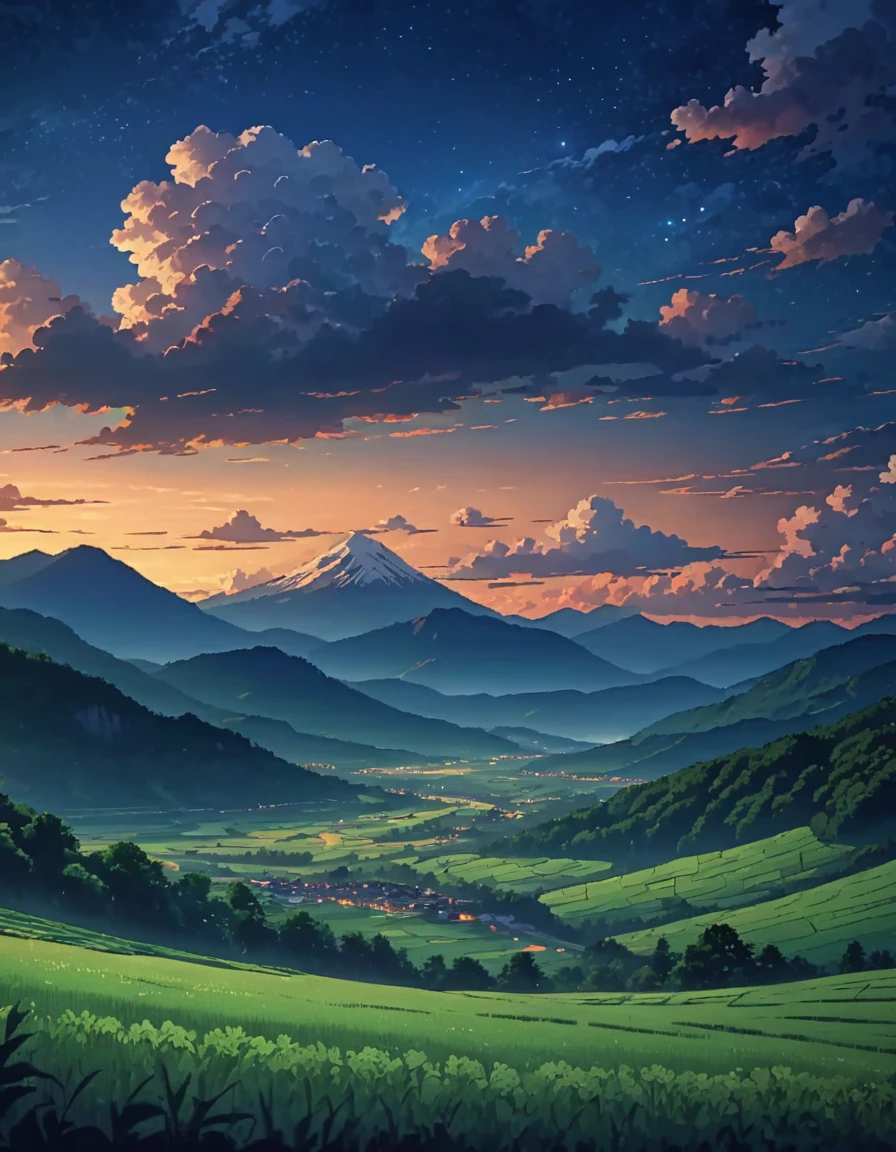 animated style,evening,night sky,Mountain々,surrounded by clouds,Green fields and forests,beautiful sky,beautiful views