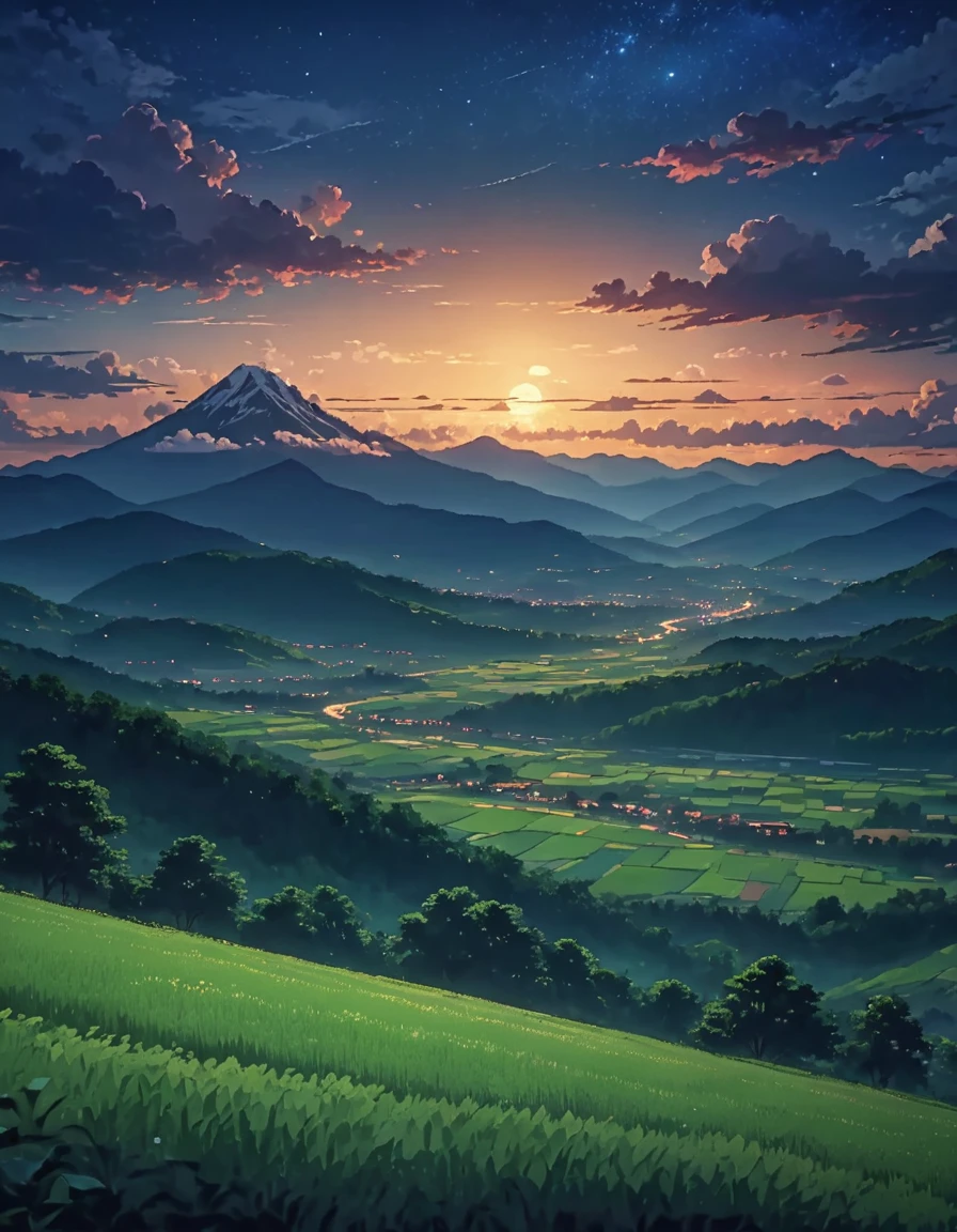animated style,evening,night sky,Mountain々,surrounded by clouds,Green fields and forests,beautiful sky,beautiful views