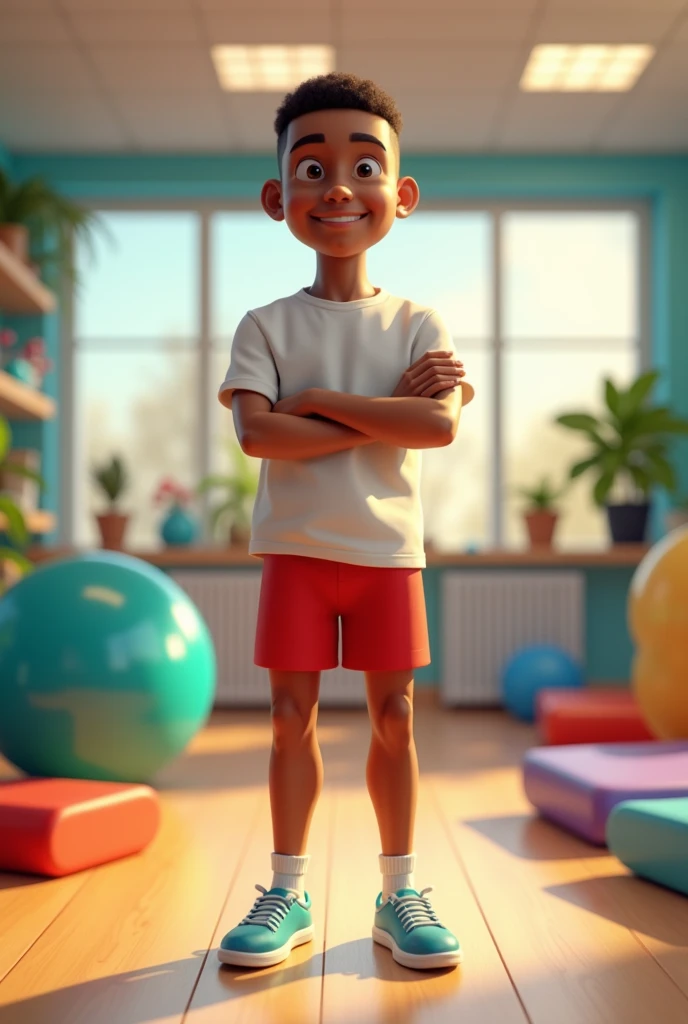 pixar 3d image of a beautiful young adult men with skin coloured brown, with his short hair buzz cut and NO BEARD, who is a physiotherapist and the background full of physiotherapy stuff.