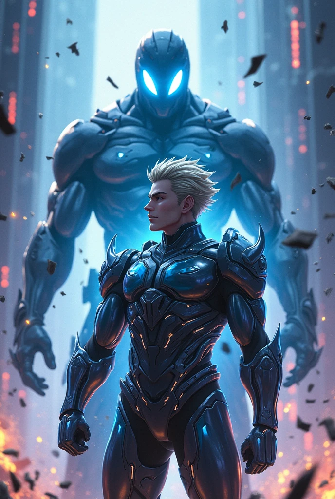 Make me a male anime character who wears futuristic armor, facing a super powerful villain