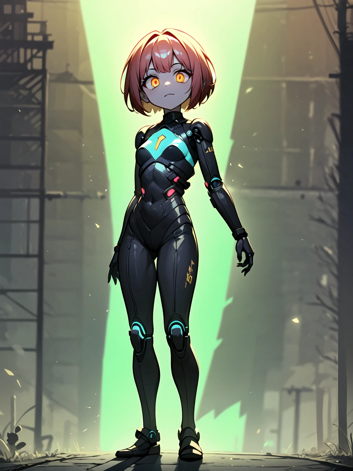 (((Masterpiece, best quality, 16k))) female character with short pink hair and golden eyes. She wears a cybernetic armor in neon green, black, and silver. wields an energy whip. The character has a playful expression, with a neon-lit street as the background. ((full body front view)). ((slender)), (extremely detailed:1.5), (short pink hair:1.2), (golden eyes:1.2), (neon-lit street:1.1), (cybernetic armor:1.3), (energy whip:1.3).
