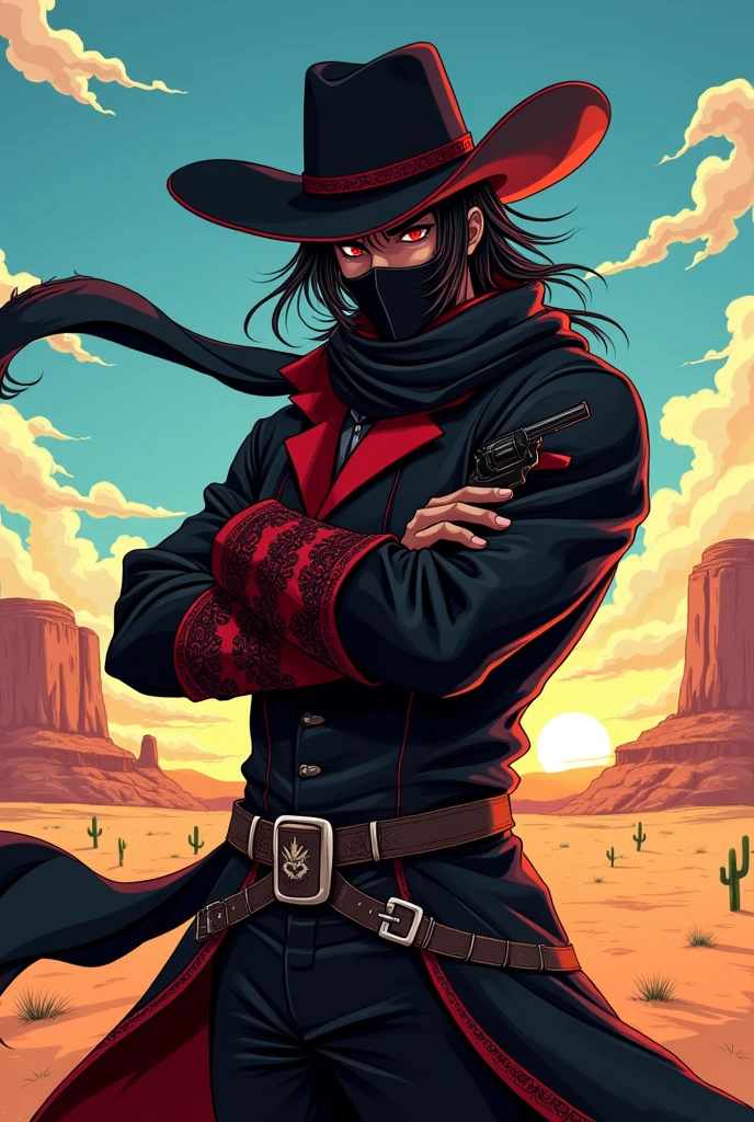 An anime character:
a man with dark skin, black hair and red eyes also with a mouth mask on her face.
He wears a black cowboy outfit with red details., including a hat and a long black scarf while holding a colt in attack position.
Ao fundo, a desert of the old Wild West.