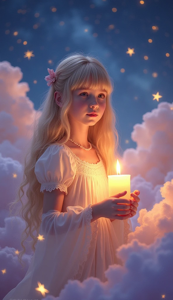 Create a dreamlike and ethereal scene featuring a beautiful young girl with long, blonde hair and bangs. She is holding a glowing candle lantern that softly illuminates her face and surroundings. The girl is standing or floating in a fantastical sky, surrounded by soft clouds, twinkling stars, and gentle hues of purples, blues, and pinks. Her expression is serene and slightly mysterious, as if she is guiding the way through the mystical atmosphere. The overall mood should be magical and peaceful, evoking a sense of wonder and tranquility.