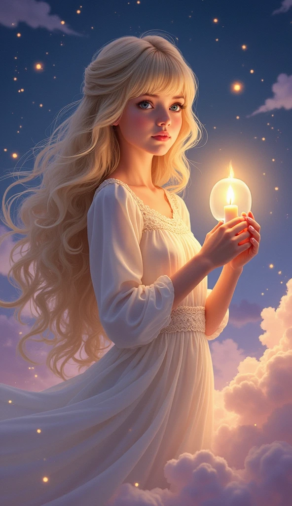 Create a dreamlike and ethereal scene featuring a beautiful young girl with long, blonde hair and bangs. She is holding a glowing candle lantern that softly illuminates her face and surroundings. The girl is standing or floating in a fantastical sky, surrounded by soft clouds, twinkling stars, and gentle hues of purples, blues, and pinks. Her expression is serene and slightly mysterious, as if she is guiding the way through the mystical atmosphere. The overall mood should be magical and peaceful, evoking a sense of wonder and tranquility.