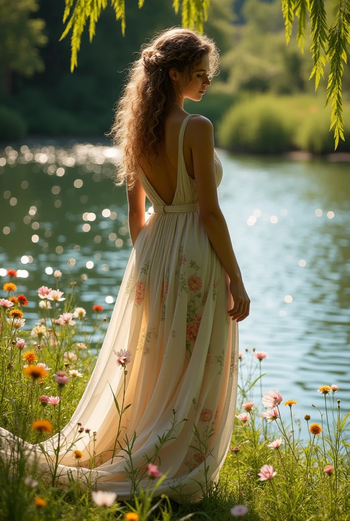 Persephone light skin with long curly hair type 3b with delicate features with a dress and crown typical of a Greek goddess on the edge of a lake picking flowers