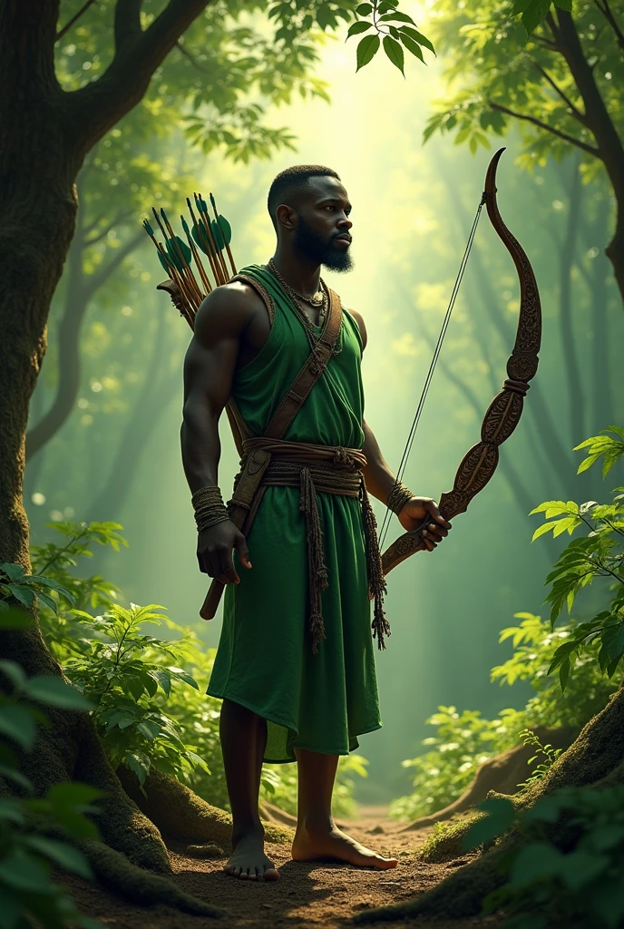 Orisha black man warrior short hair green clothes holding a bow and arrow in the middle of a forest