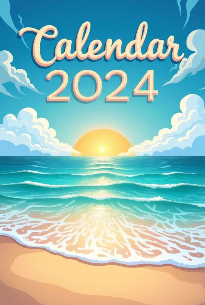 Create a cover with the name "Calendar 2024" with a beach in the background and the image must be horizontal