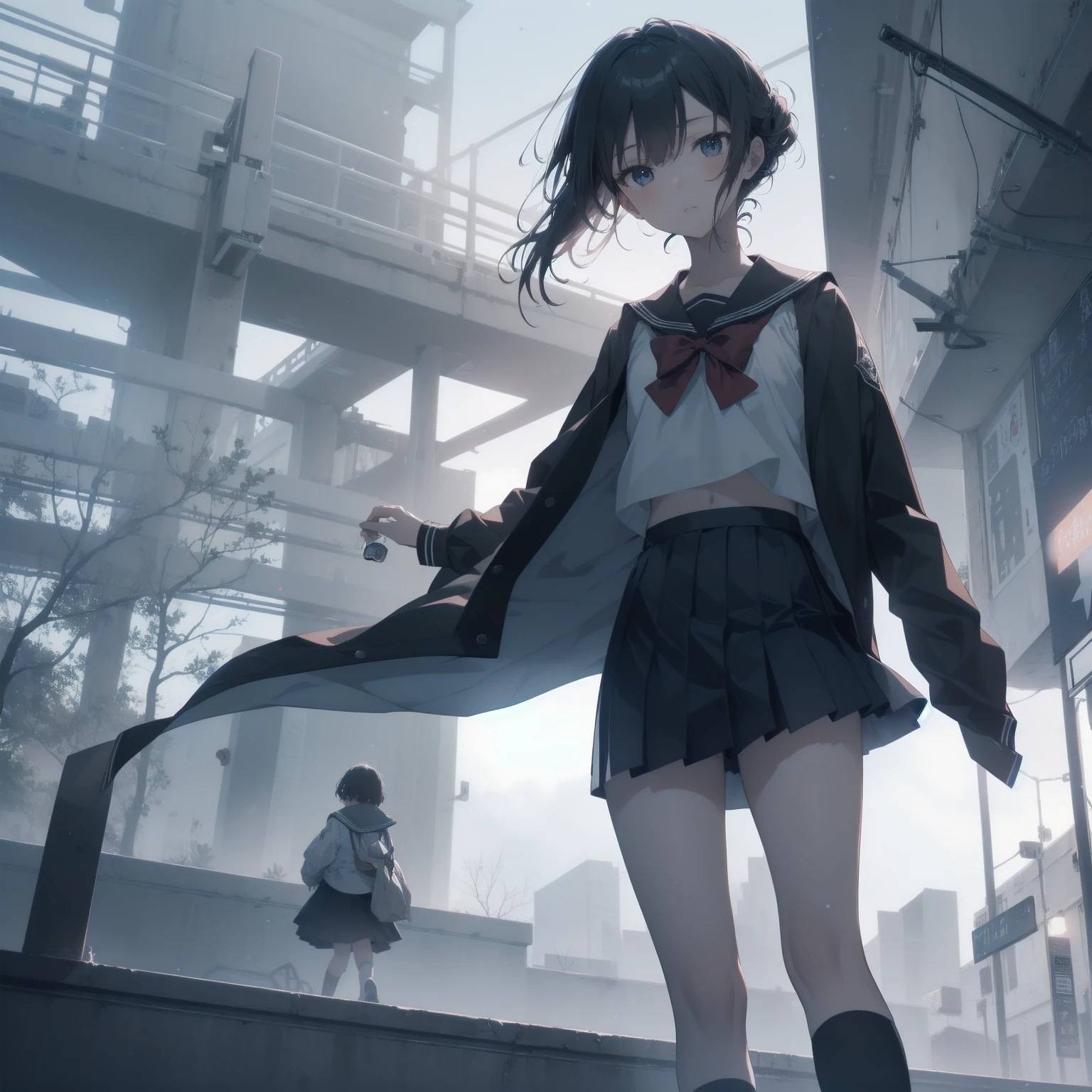 ultra-absurdres-Top quality by artist God, ultra-detailed, high resolution, anime moe artstyle, best anime 8k konachan wallpaper, pixiv contest winner, pool:2810, perfect anatomy,break, 1girl, (Please draw a girl walking sleepily to school alone. )break,(Solo,little female, 13-year-old:1.3),Full limbs, complete fingers,a junior high school student, (very short hair), short cut, flat chest, , small butt, small black eyes, beautiful detailed eyes, well-proportioned iris and pupils, expressive eyes, highres detailed hair, soft expression, salor school_uniform, sailor collar, serahuku, bow, pleated skirt,(Detailed Lighting), (Detailed background), in the School commute route. break,super detailed skin, Best cinematic lighting powered by famous artist, 8k,beauty illustration,photoshop_(medium),very aesthetic,break,((artist:rappa_(rappaya) )), artist:clamp ,artist:carnelian ,artist:kantoku ,