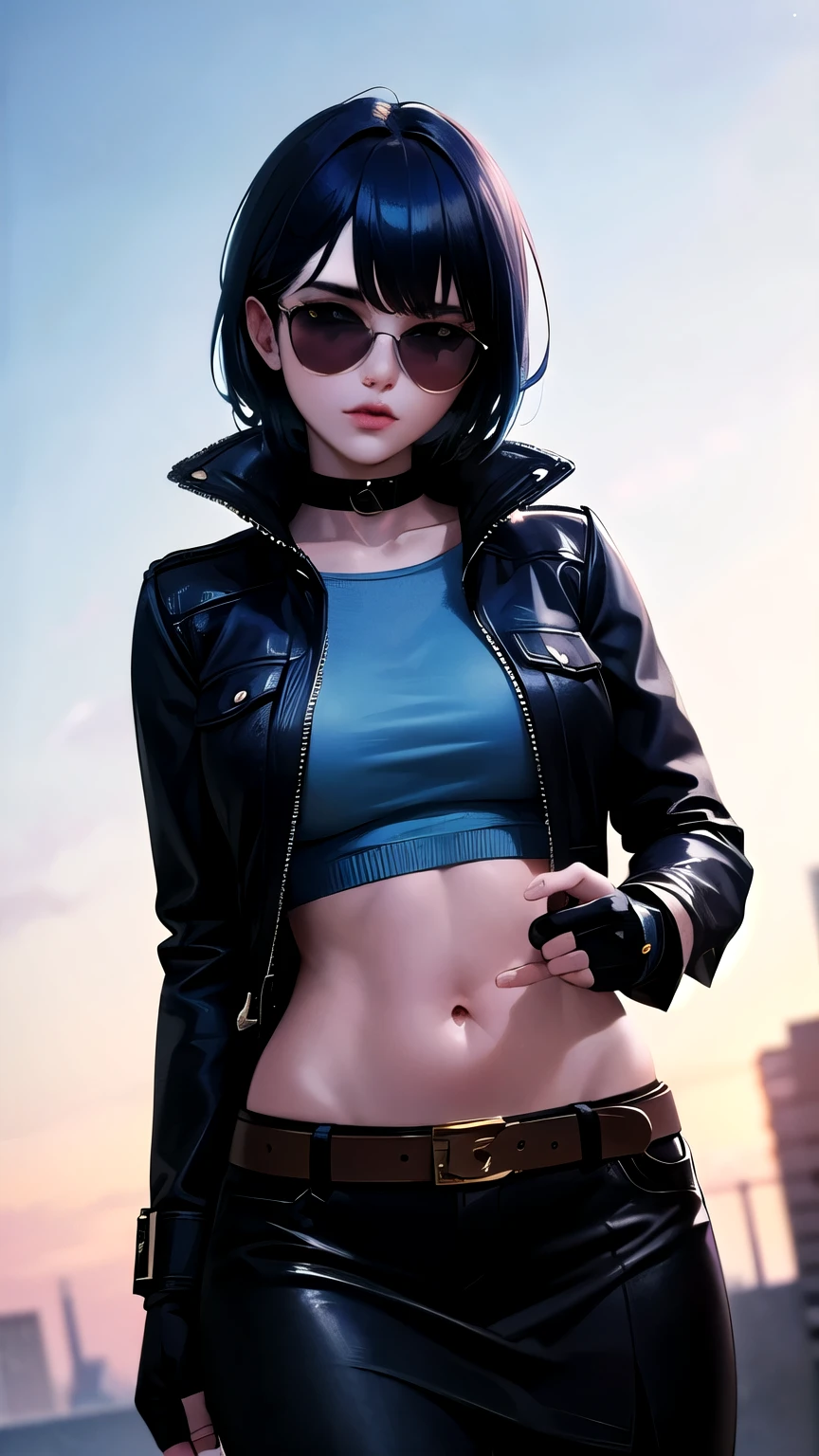 (masterpiece,best quality,absurdres,beautiful,sharp,detailed),cinematic angle,1girl,hope,blue lips, sunglasses, navel, blue hair, jacket, skirt, belt, fingerless gloves