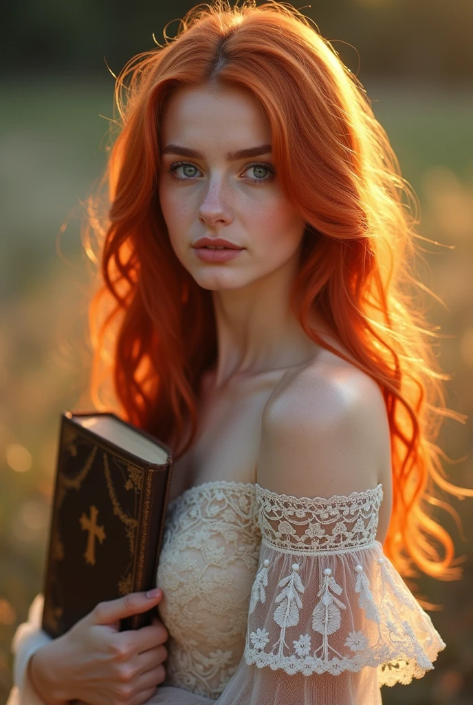 beautiful girl, redhead and light eyes, gorgeous body, evangelical fashion dress, holding the bible, ultra reaslista 4k full hd