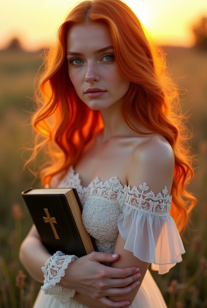 beautiful girl, redhead and light eyes, gorgeous body, evangelical fashion dress, holding the bible, ultra reaslista 4k full hd