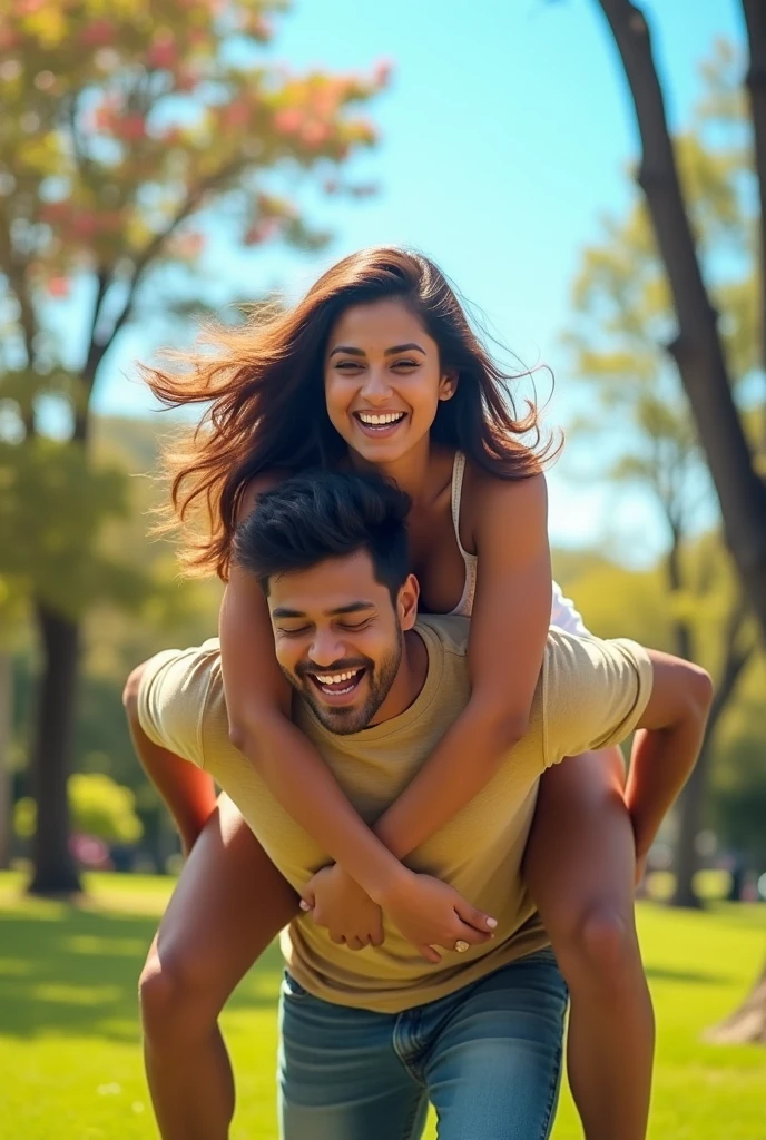 Create a picture of actress Ileana D'Cruz piggyback lifting and carrying a man on her shoulders in piggyback style , man is sitting on woman's back