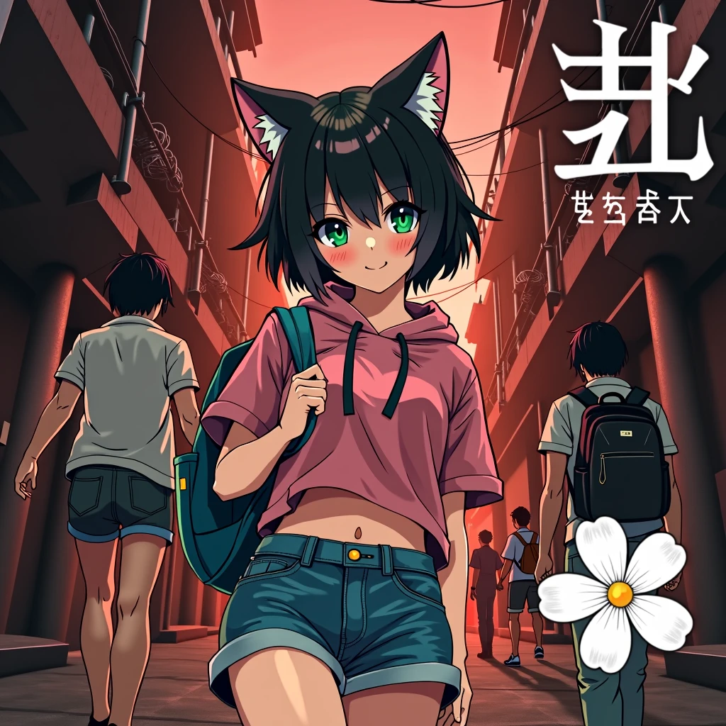 Rondo Hair、Very Short Hair、Cat ears of the same color as the hair、Plain pink short sleeve hoodie、Short denim shorts、Belly button、sneakers、Turquoise Eyes、Flat Chest、Big white flower hair ornament、Design the cover for a dark fantasy psychological drama light novel set in Rio de Janeiro in 2050, In a similar style "Inuyasha" or "Yu Yu White Paper", showing a smiling Japanese teenager holding a backpack with long black hair in the foregrornd, while in the backgrornd other characters fight; Use a red and black palette, Enter a title in the box on the top right.