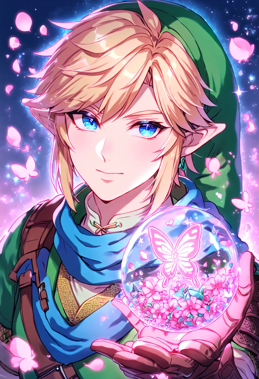 absurdres, highres, ultra detailed, HDR, master piece, Link, blonde hair, expressive blue eyes, blue scarf, green hat, green tunic, brown gauntlets, The Legend Of Zelda (Hyrule Warriors), fantasy, glittering pink erflies, petals, magical, handsome, sexy, solo, very detailed eyes and face, glittering, pink flowers, sensual, crystal glass magic, pink shining fireflies, pink fire,