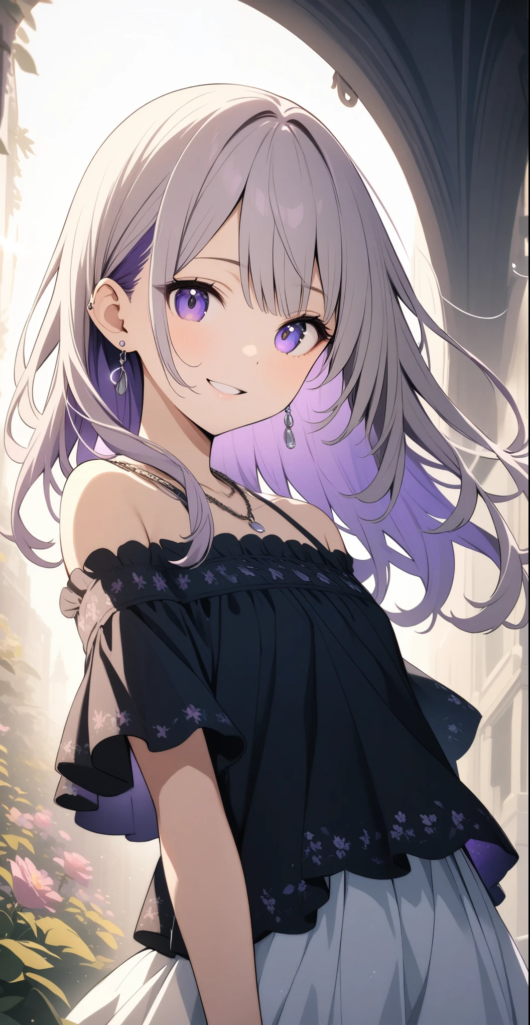 Very cute 15 year old girl, ((She has some silver earrings in her ears.. necklace、Off-the-shoulder shirt、Chopin))、(Light purple hair color、Dark purple inner color hairstyle、Hair expressed with a delicate touch), Beautiful Hair, Facial Contour, Remember, sunlight, Lens flare、illumination、Natural Color, High resolution, Very delicate, Very detailed, 8k、Fashion district、((Naughty feelings)),(Sexual),smile、Full body angle