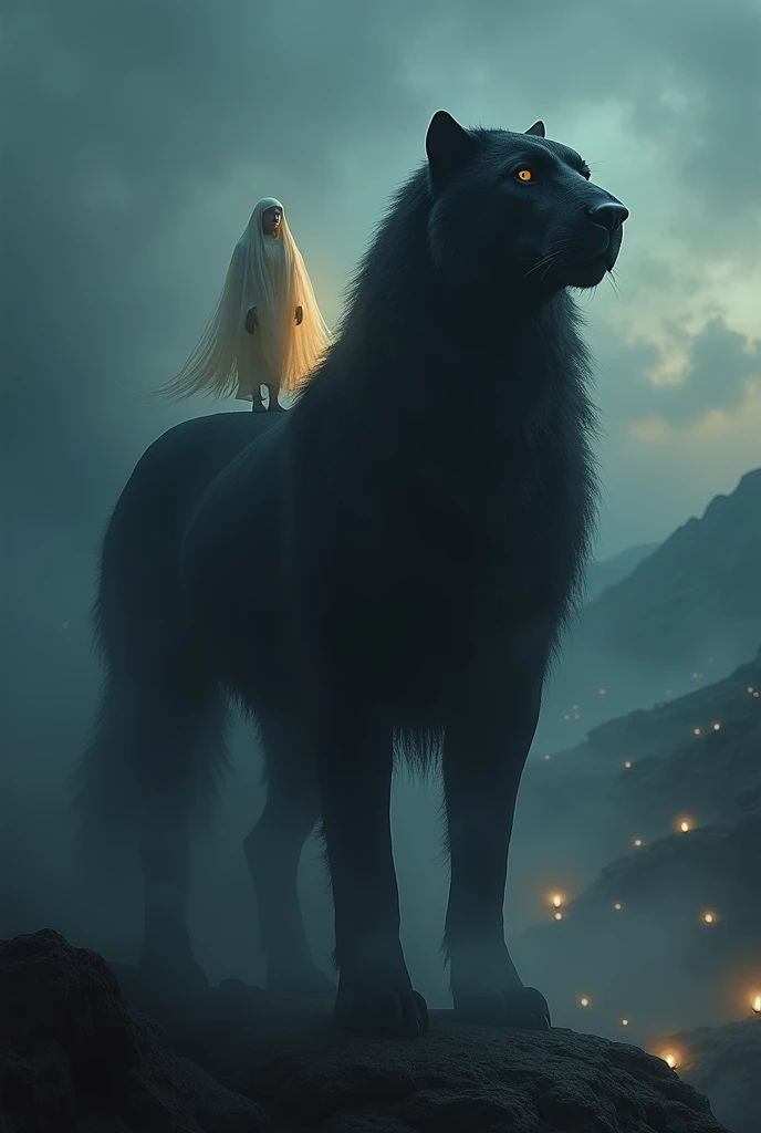 Create a black entity carrying another being on its shoulders