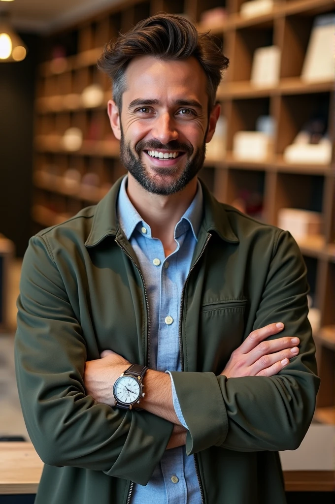 Portrait of a stylish and modern man, fashion and accessories specialist, in a well-lit store environment. He is wearing a smart shirt and a casual jacket., with fashion accessories, like a watch and bracelets. The man has well-groomed hair and a welcoming smile., transmitting confidence and sympathy. Ao fundo, There are shelves with various accessories on display. The environment is welcoming, reflecting a friendly approach to customer service and sales on WhatsApp."