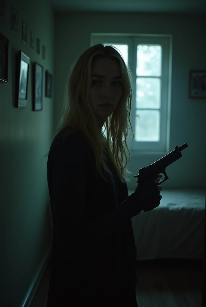 Blonde woman crying with a gun in her hand 