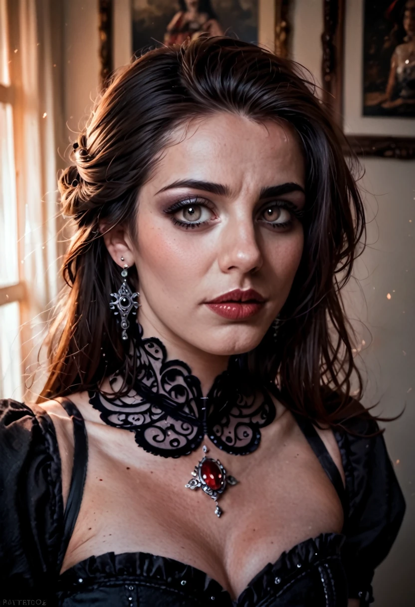 a gothic vampire elsa, beautiful detailed eyes, beautiful detailed lips, extremely detailed face and features, long eyelashes, ornate gothic dress, pale skin, dark makeup, dramatic lighting, moody dramatic atmosphere, cinematic composition, chiaroscuro lighting, dark fantasy, digital painting, matte painting, highly detailed, 8k, photorealistic, (best quality,4k,8k,highres,masterpiece:1.2),ultra-detailed,(realistic,photorealistic,photo-realistic:1.37),dramatic colors,deep shadows,dramatic backlighting,intricate details