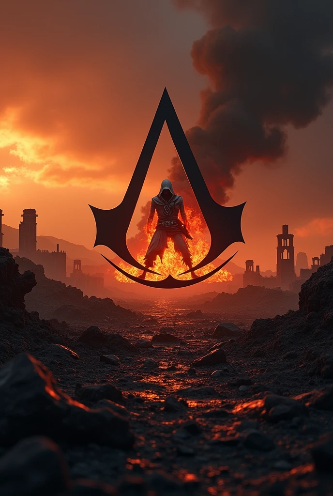 A burning landscape with the Assassin's Creed logo