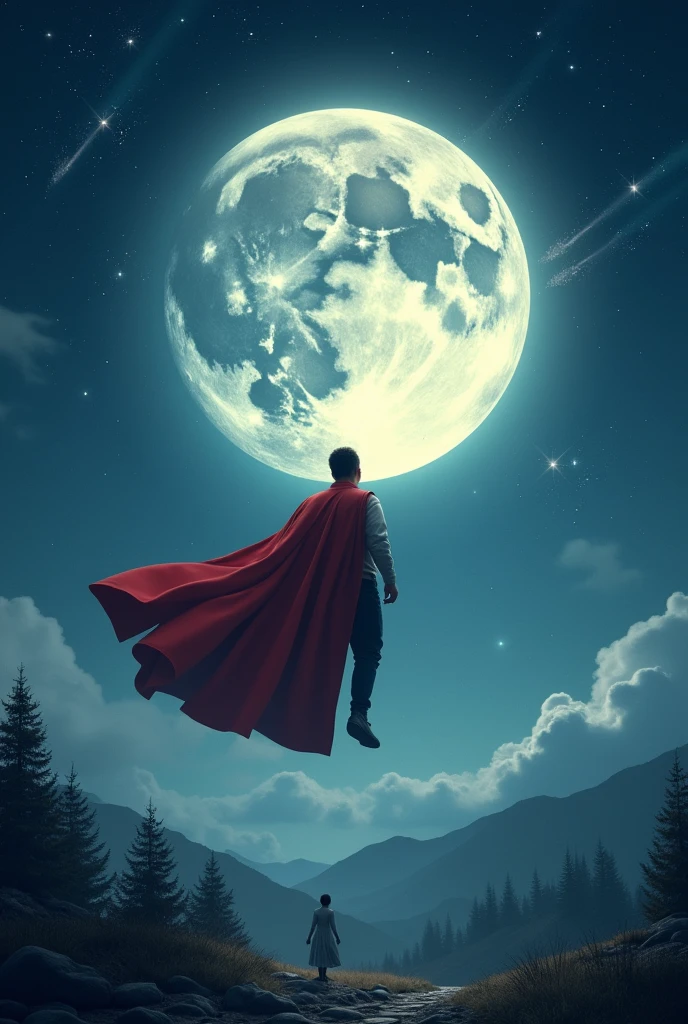 Moon wearing hero cape, night