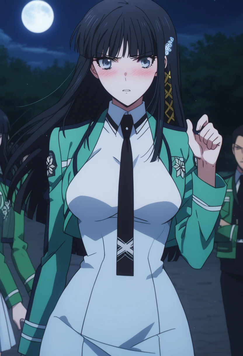 1girl, 独奏, masterpiece, best quality, 
mahouka koukou no rettousei, Miyuki Shiba, Shiba Miyuki, black eyes, Blue eyes, tsurime, eyelashes, black hair, long hair, Hime cut, straight hair, blunt bangs, blunt ends, sidelocks, hair ornament, snowflake hair ornament, first high school uniform, dress, white dress, collared dress, pencil dress, necktie, black necktie, short necktie, jacket, green jacket, cropped jacket, open jacket, long sleeves, large breasts,
,
looking at viewer,
blush, Angry expression, parted lips,
outdoors, Battlefield, right hand raised up,light rings on right arm, jacket fluttering in the wind, night, moon, mist rising from the ground