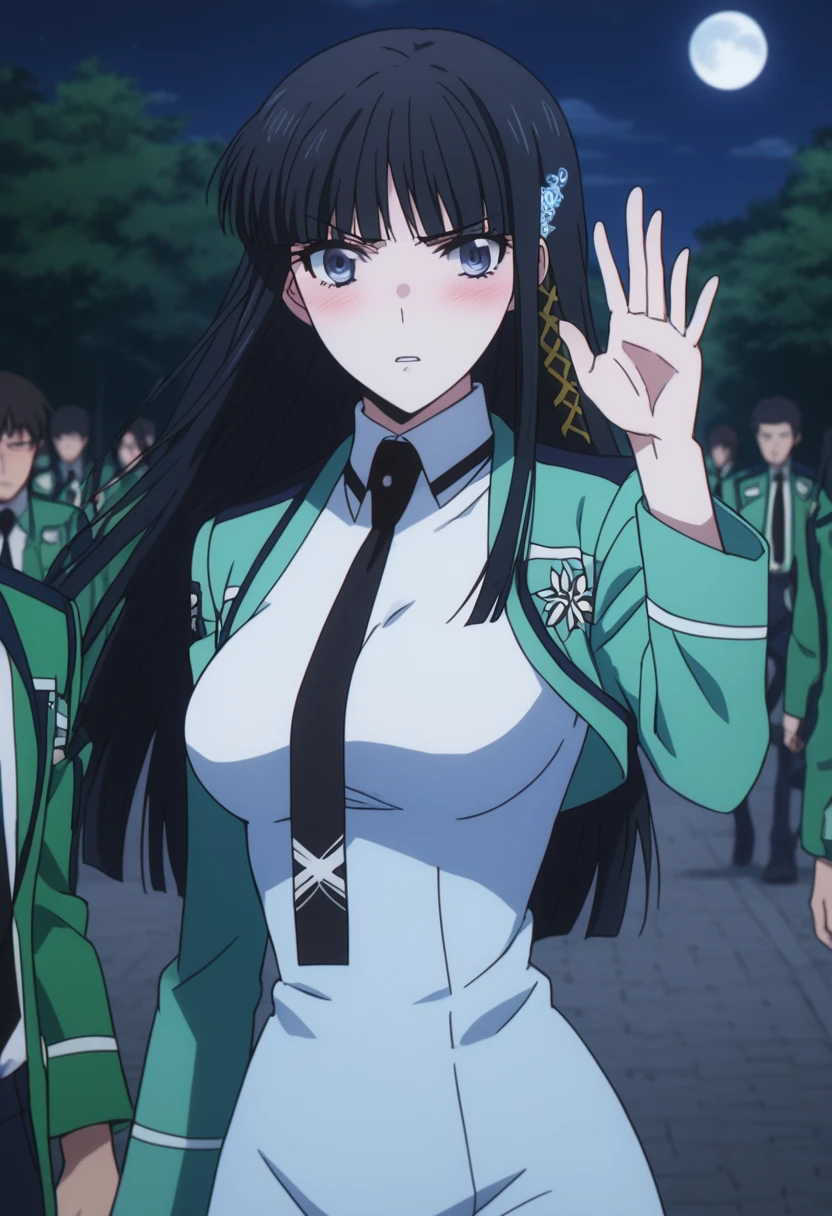 1girl, 独奏, masterpiece, best quality, 
mahouka koukou no rettousei, Miyuki Shiba, Shiba Miyuki, black eyes, Blue eyes, tsurime, eyelashes, black hair, long hair, Hime cut, straight hair, blunt bangs, blunt ends, sidelocks, hair ornament, snowflake hair ornament, first high school uniform, dress, white dress, collared dress, pencil dress, necktie, black necktie, short necktie, jacket, green jacket, cropped jacket, open jacket, long sleeves, large breasts,
,
looking at viewer,
blush, Angry expression, parted lips,
outdoors, Battlefield, right hand raised up,light rings on right arm, jacket fluttering in the wind, night, moon, mist rising from the ground