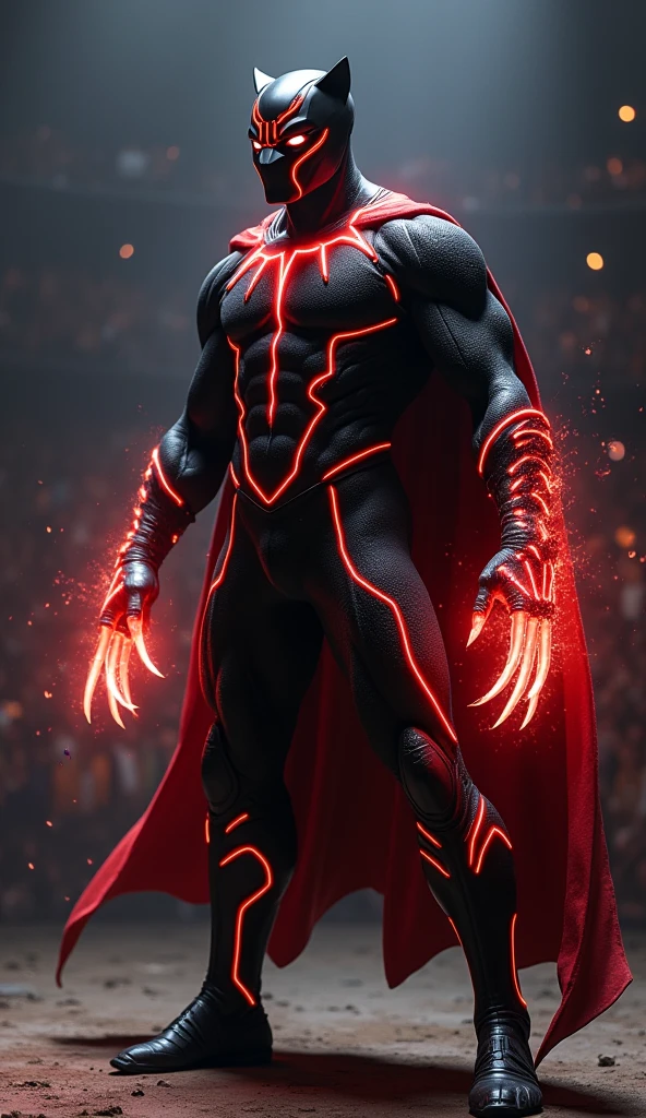 Black Panther, reimagined as Jin Kazama, stands in a dimly lit arena, his vibranium suit infused with the fiery energy of the Devil Gene. The sleek black armor now features glowing red lines that pulse with power, reminiscent of Jin's markings. His mask, though still feline, has a fierce, determined expression, with sharp eyes that reflect both the calm of a king and the inner turmoil of a fighter. The Panther's claws are extended, crackling with energy, ready to strike. The scene is charged with intensity, capturing the fusion of T'Challa's regal poise and Jin's relentless battle spirit—a warrior torn between honor and the darkness within.