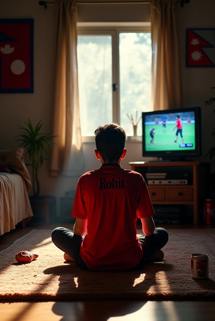 A teenage boy sitting in his room and watching Nepali cricket match on tv.the boy is wearing an nepali jersey rohit name  on it