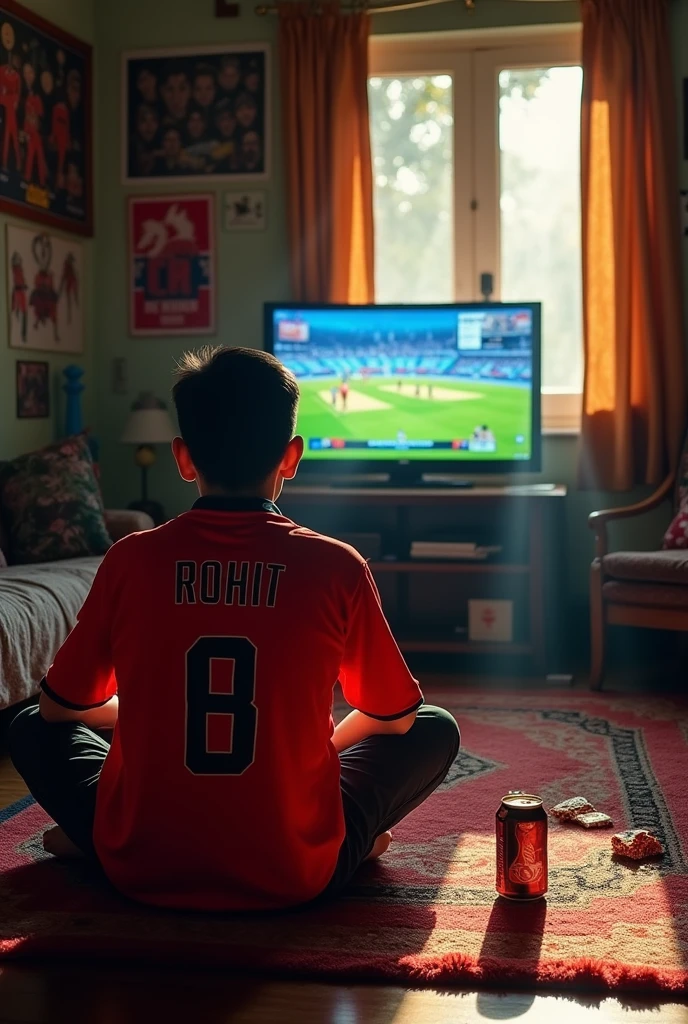 A age boy sitting in his room and watching Nepali cricket match on tv.the boy is wearing an nepali jersey rohit name  on it