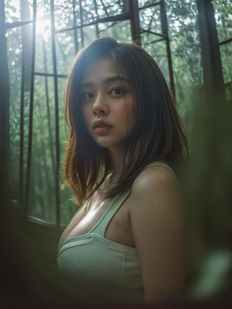 A full shot in a forest cabin, (behind a glass shot:1.2), (best quality:1.5), japanese, 1women, 25y pretty and chubby women, wearing floral slipdress, sneakers, she has messy mid long bang hair, (big breast:1.2), (dramatic pose:1.3), real moment, dramatic view, 120 film looks, (forest reflection in glass surface:1.3), dynamic lighting, (sunlight:1.2), detailed face and eyes, very highly detailed, (realism:1.4), (sharp focus:1.3), shot by mamiya RZ67, (aesthetic photography:1.3), (dynamic wide angle:1.3)