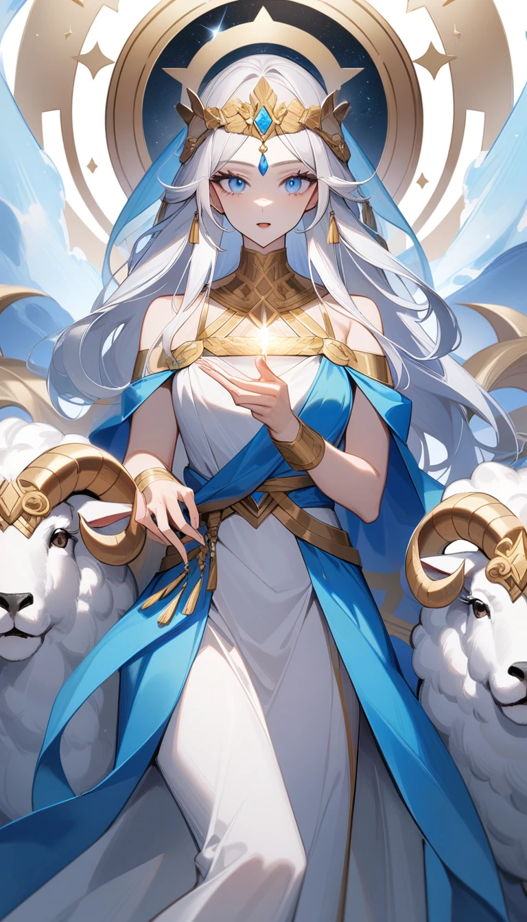 （Huang Li、high quality、Extremely detailed），Zodiac sign- Aries goddess，Giant white sheep，Woman stroking Aries，Similar to Latin goodness，brave，capricious，Productivity，The face of enterprising and humanitarianism，White long hair，Ancient Greek costumes、Wrap Dress，The background is the universe，Crystal blue eyes（Eyes Details），Powerful appearance