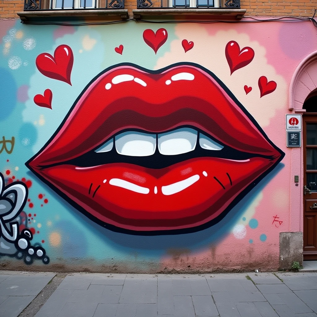 Cartoon style red lips of a woman on a wall