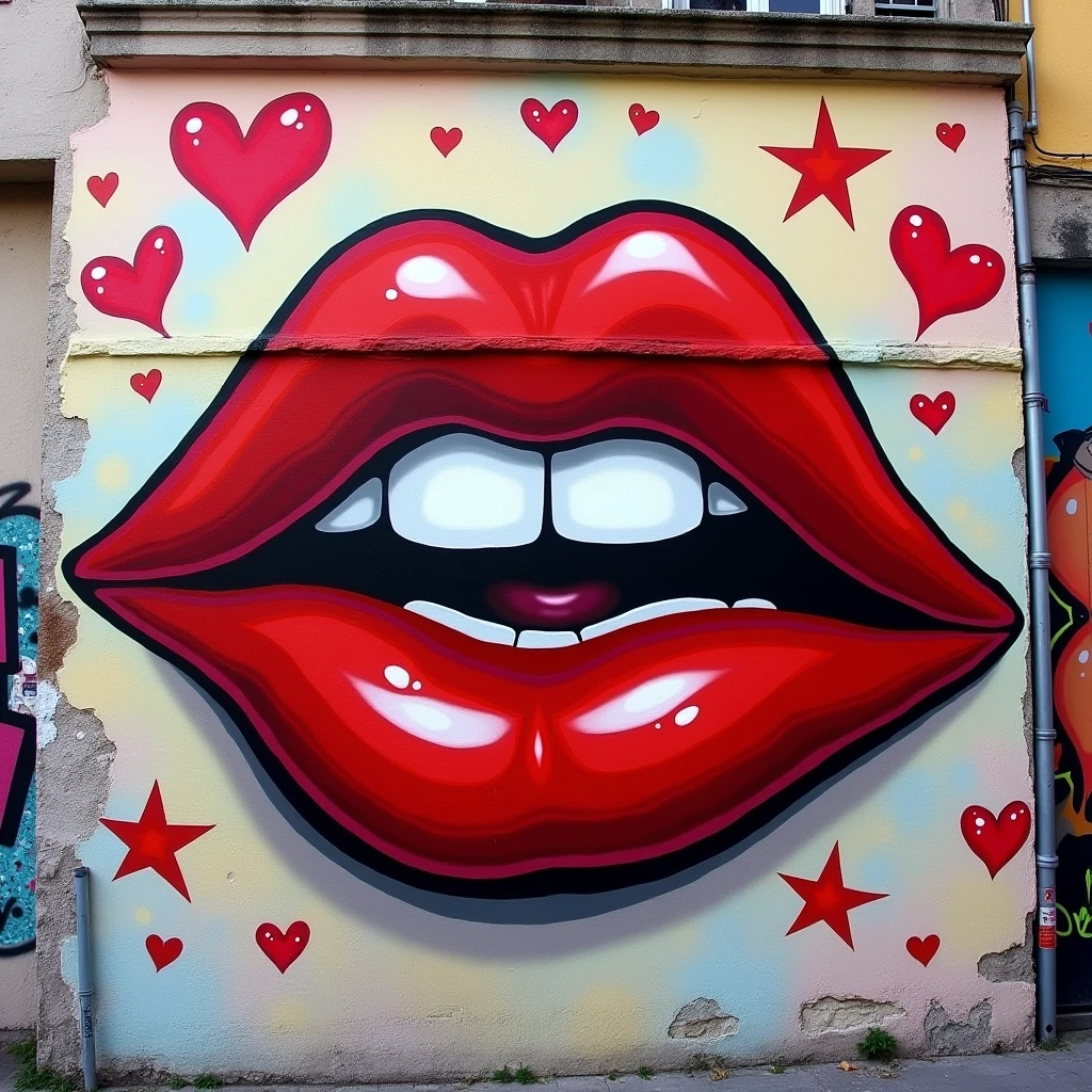 Cartoon style red lips of a woman on a wall