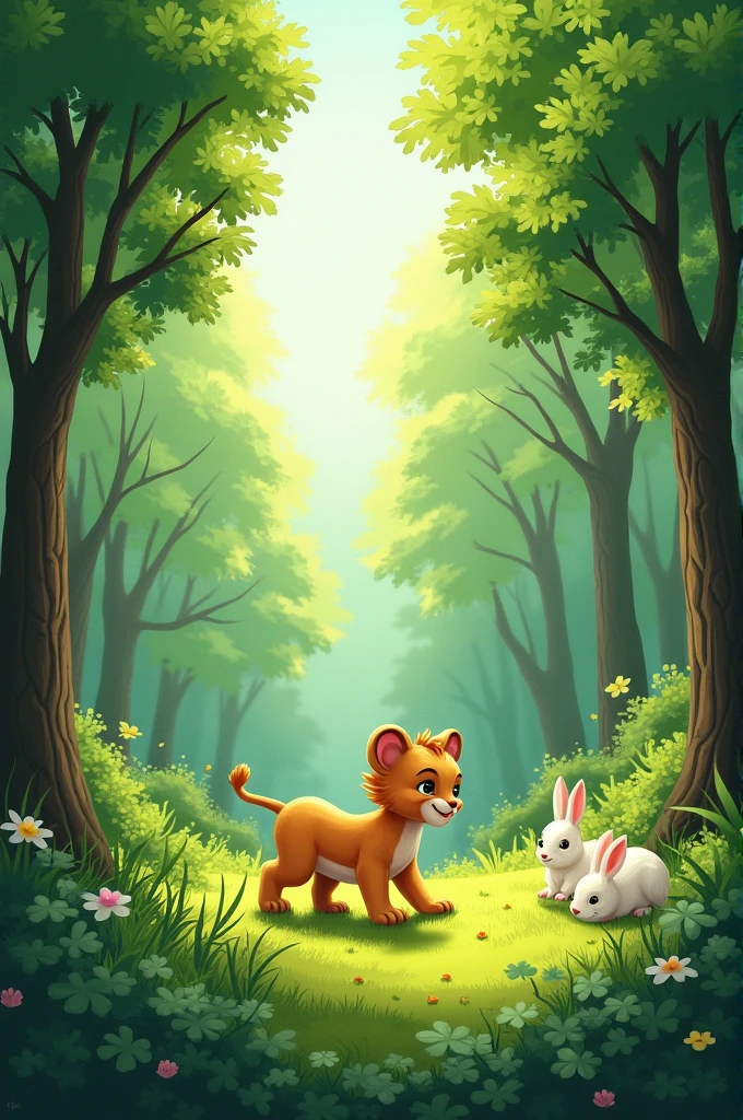 Please generate green forest with a little evergreen trees and little lion and rabbits