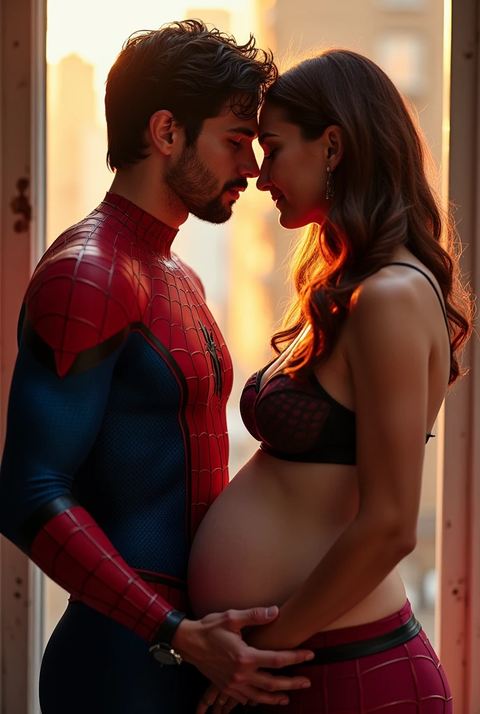 Spiderman is inserting his fingers in Mary Jane Watson’s vagina under her skirt, he is fingering her, she is in ecstasy, she is pregnant, intimate, kiss