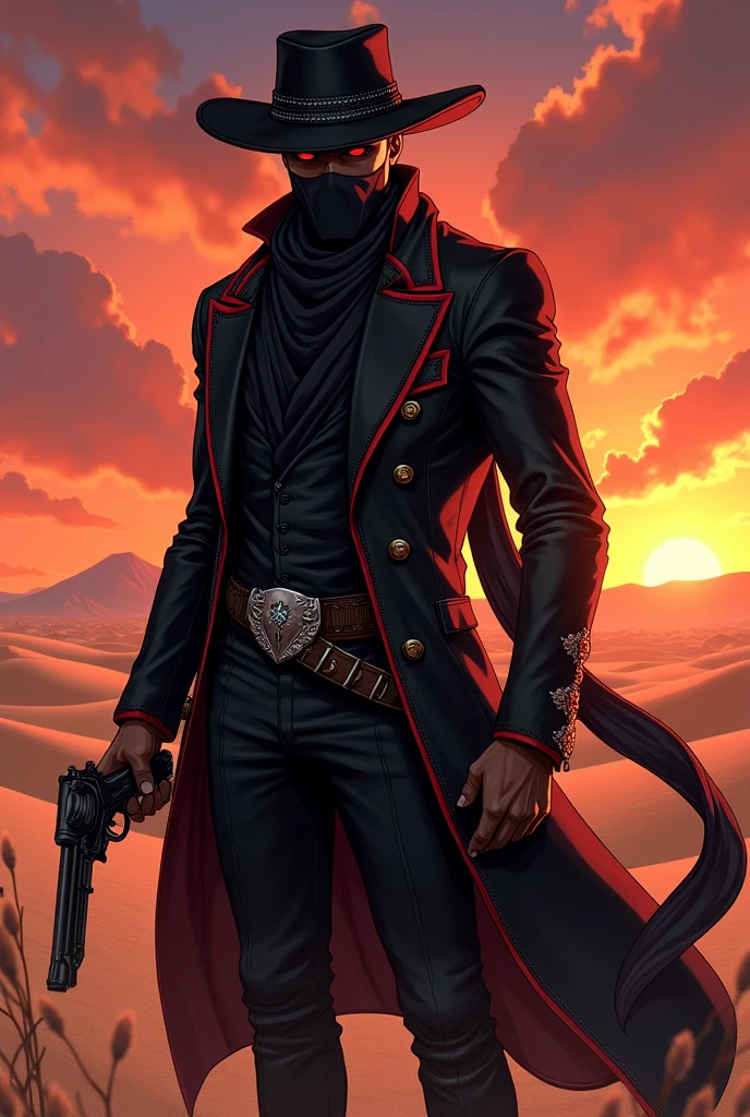 An anime character:
a man with dark skin, black hair and red eyes also with a mouth mask on her face.
He wears a black cowboy outfit with red details., including a hat and a long black scarf while holding a colt in attack position.
Ao fundo, a desert of the old Wild West.