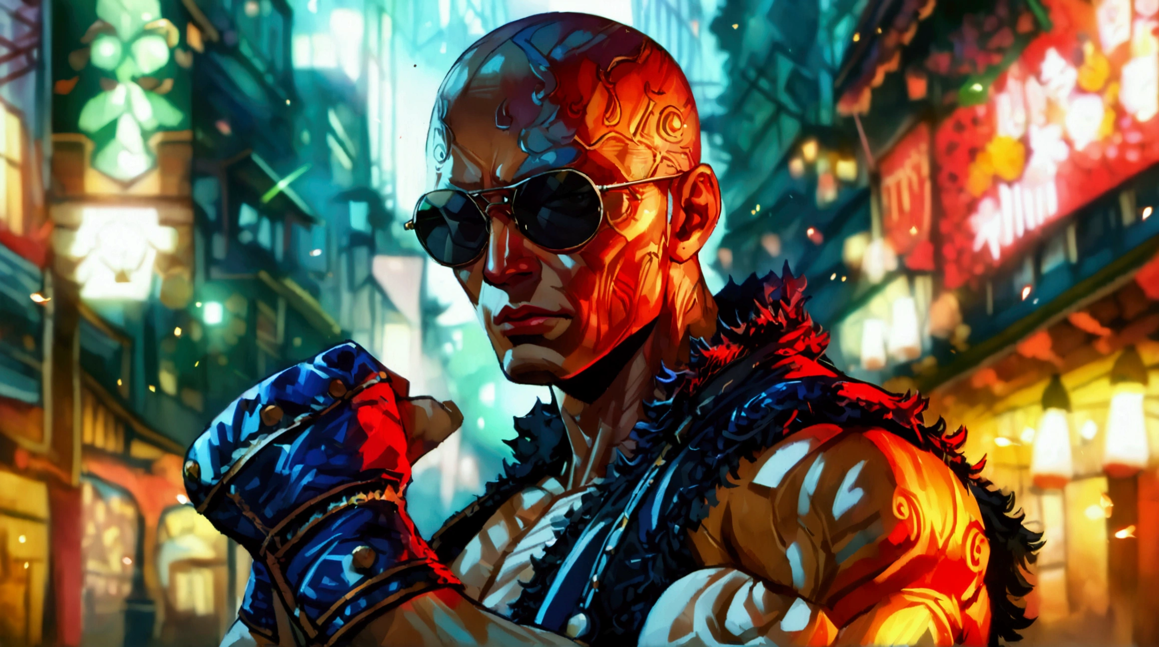 Man, muscular and defined body, bald, sunglasses, fighting outfit inspired by Ryu street fighter, fighting pose, street fighting background, ((Intricate anime character design inspired by One Piece)), ((Stunning lighting)), ((Fine lines)), ((Stunning focus)), ((Centered character)), ((Stunning face)), ((Detailed focus)), ((Detailed background)), ((Ultra-fine 2D design)), ((Creative backdrop)), ((2D masterpiece)), ((Best quality)), ((8K anime style))
