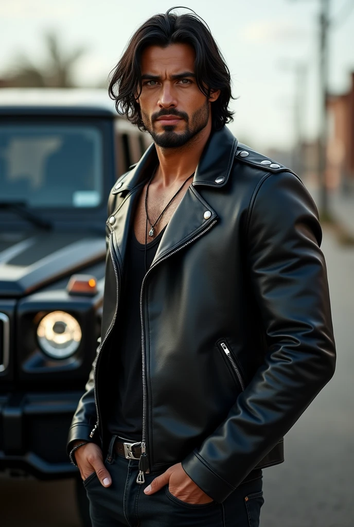 (Photorealism:1.2) I would like you to create the image,in the realistic line, of a man of 2.00 high, 117kg, brawny, black hair,straight and medium length just above the shoulder in a layered cut, surfer style, black goatee on chin, protruding cheekbones, almost white blue eyes, with black pupils, standing next to a black SUV and biker clothes, a jacket, in black leather.