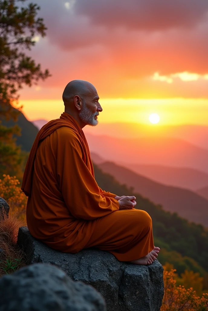 Mature monk sitting in meditation position, contemplando um horizonte lindo com o sol se pondo, Man is in deep connection with the divine, The landscape is ultra detailed, homem ultra realista, tudo bem detalhado e lindo, ultra qualidade. Realismo 8K