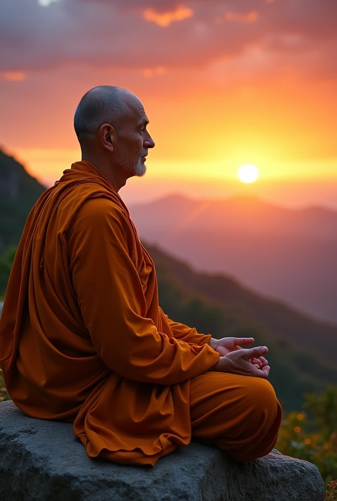 Mature monk sitting in meditation position, contemplando um horizonte lindo com o sol se pondo, Man is in deep connection with the divine, The landscape is ultra detailed, homem ultra realista, tudo bem detalhado e lindo, ultra qualidade. Realismo 8K