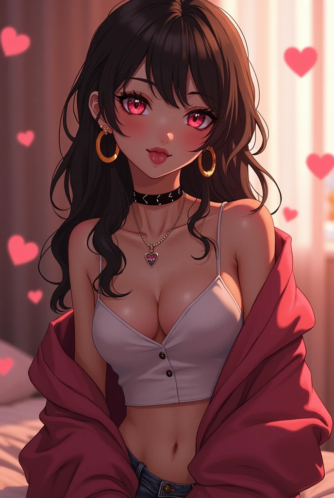 cute anime character girl, hot attractive sister, sticking tongue out, messy wavy long hair, brown skin, choker with heart pendant, round earrings, long nails, wearing loose baggy hip-hop fashion, attractive and seductive face, slutty, orgasm, make-up, superlative body proportion, indoors, heart effects, 2.5D, delicate and dynamic, graphic CG digital art