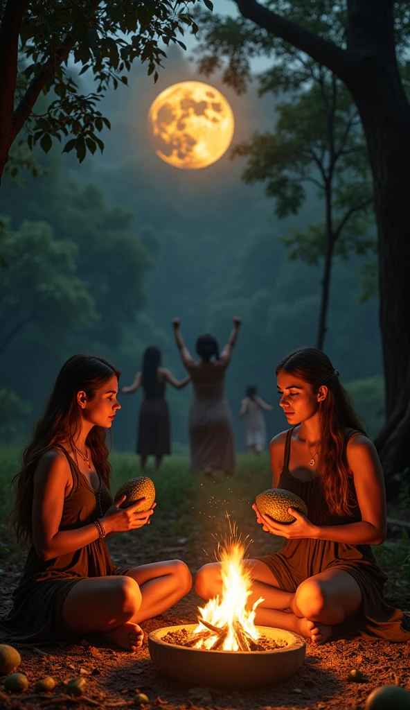 a fair-skinned woman with long straight light brown hair and another fair-skinned woman with shoulder-length wavy light brown hair, both Aztec and Mayan healers sitting with equal importance in the ritual, in a forest around a campfire doing a cocoa ritual, one holding a large cocoa fruit and the other a bowl over the fire, in the background women dancing and the cocoa fruit on the ground, convey depth. Above a dark black full moon with a golden lion facing inside it in the late afternoon
