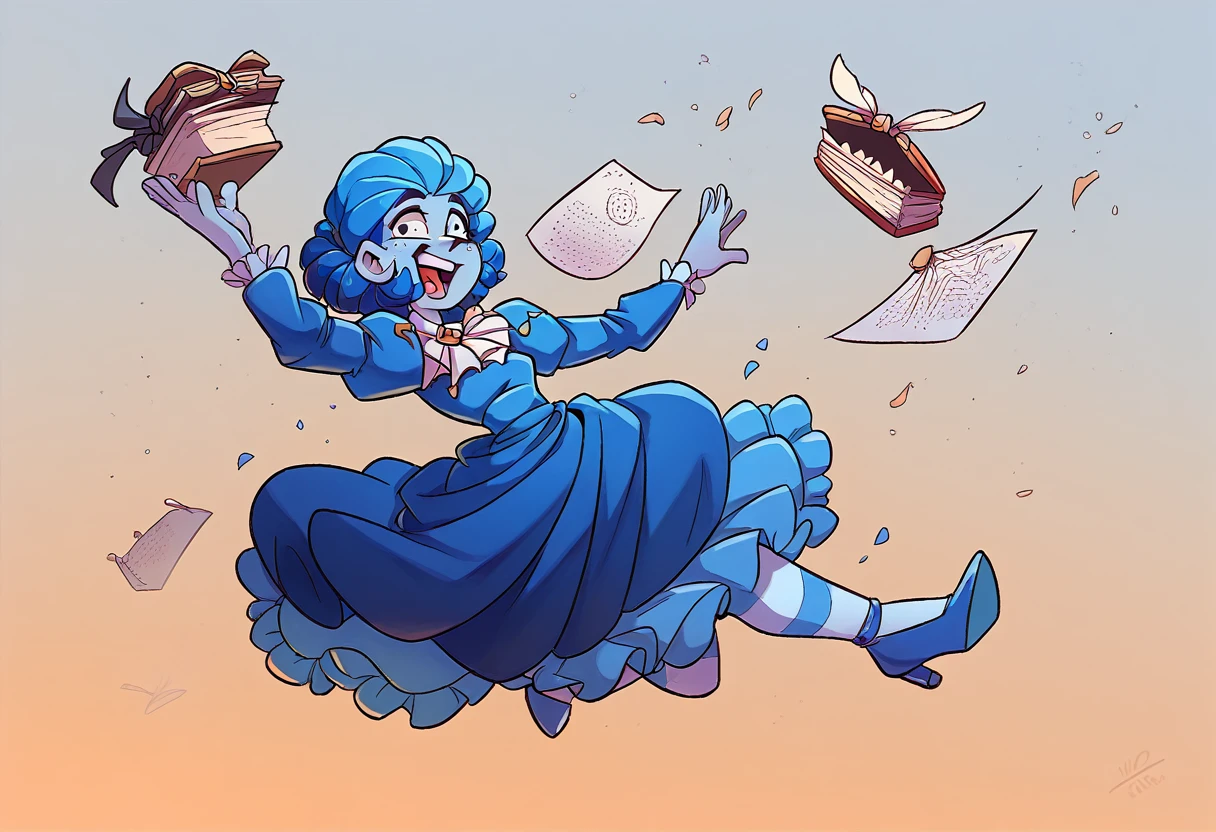 frankelda, 1girl, solo, dress, striped, blue hair, puffy sleeves, high heels, colored skin, freckles, blue striped stockings, floating, laughing