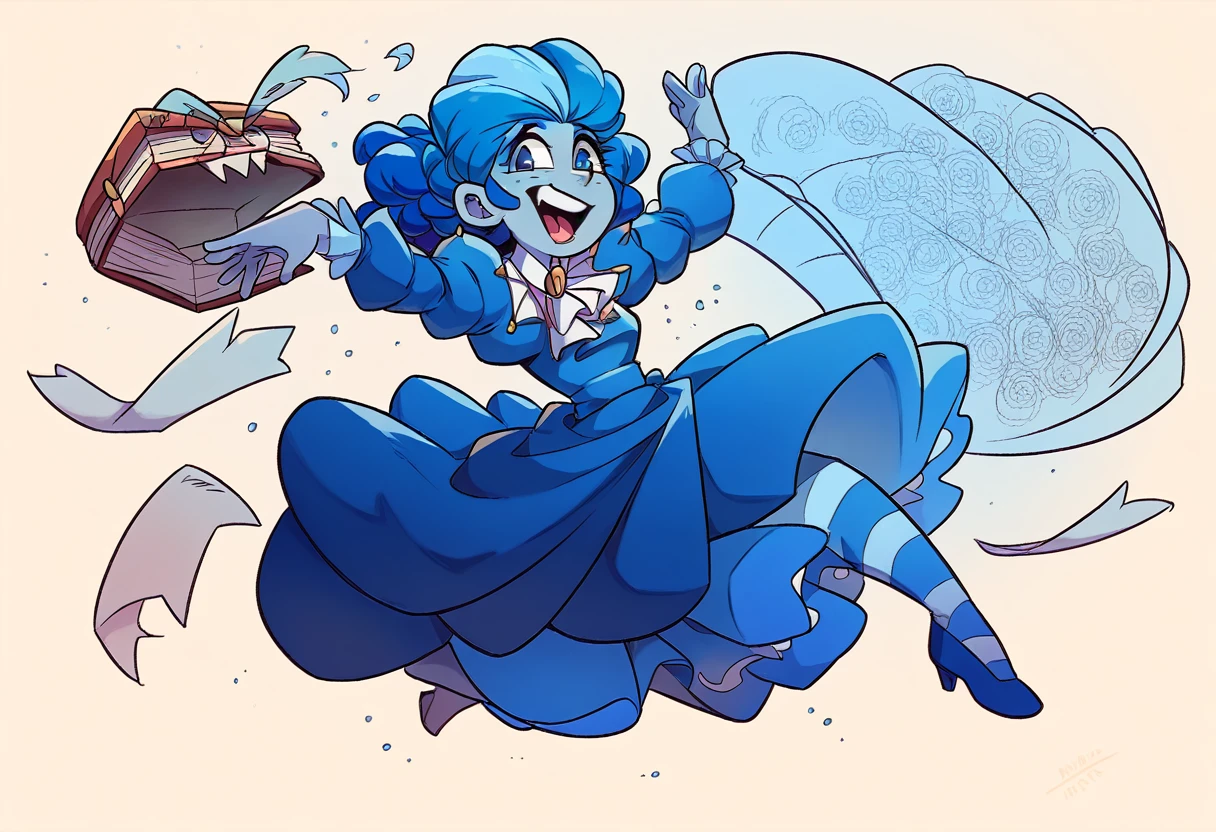 frankelda, 1girl, solo, dress, striped, blue hair, puffy sleeves, high heels, colored skin, freckles, blue striped stockings, floating, laughing