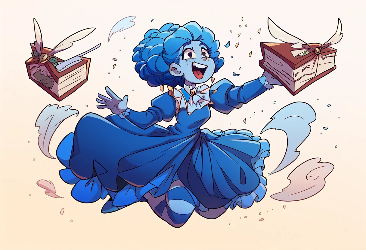 frankelda, 1girl, solo, dress, striped, blue hair, puffy sleeves, high heels, colored skin, freckles, blue striped stockings, floating, laughing