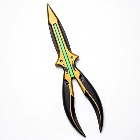 butterfly knife,The handle is black and gold, There is a vertical green mold fluorescent color in the middle of the knife,best quality,black background