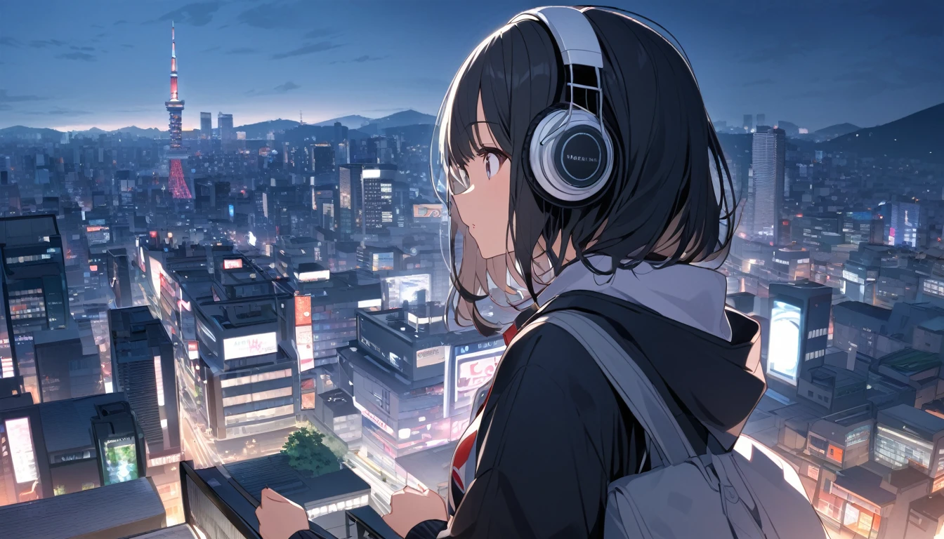 Black haired woman with headphones looking at the city of Tokyo,Streetscape、listen to music、Japanese